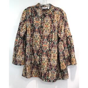 Susan Graver Top Paisley Tunic Blouse Womens Oversize M Black Gold Buttons